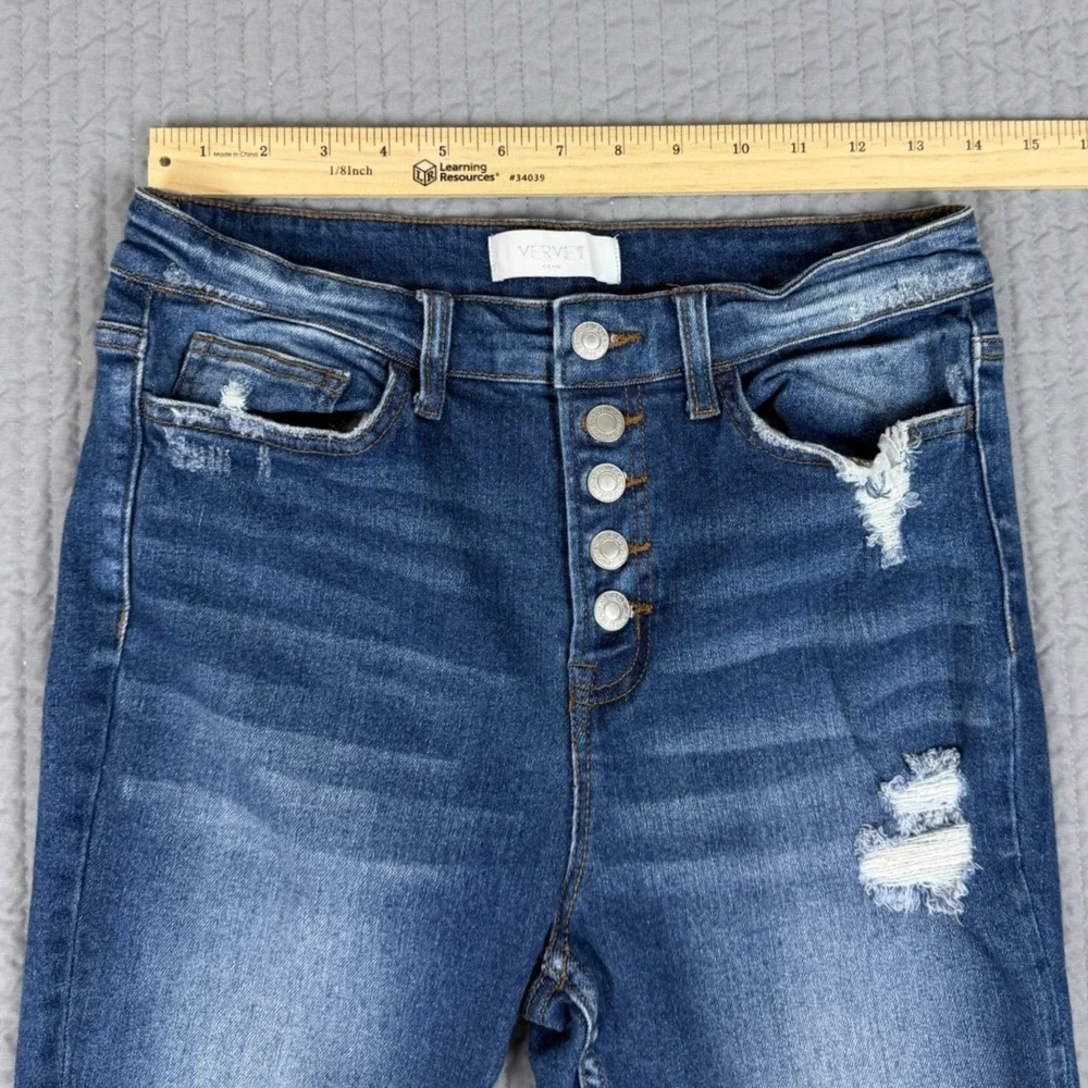Vervet Blue Distressed High Rise Skinny Jeans Dark Wash Button Fly Size 29 T5023